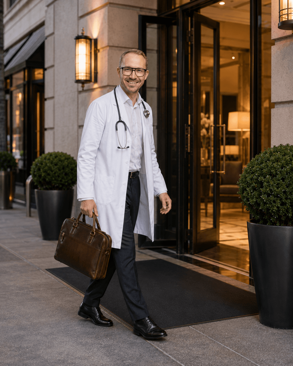Dr. med. univ. Daniel Pehböck, DESA mit Arzttasche vor einem Hotel — Haus- und Hotelbesuche in Innsbruck und Umgebung